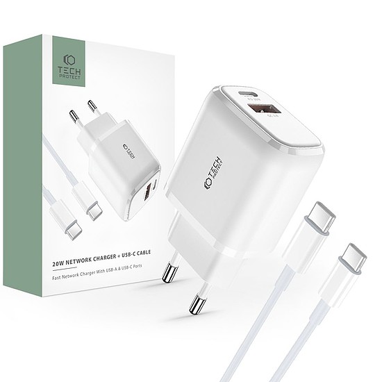 Tech-Protect C20W USB-C PD 20W / USB-A QC 3.0 töltő USB-C / USB-C kábellel - fehér