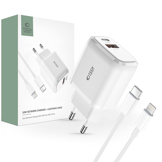 Tech-Protect C20W USB-C PD 20W / USB-A QC 3.0 töltő USB-C-vel / Lightning kábel - fehér