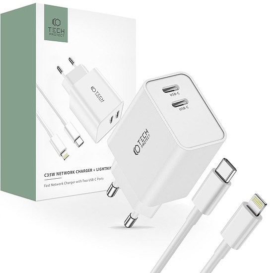 Tech-Protect C35W 2x USB-C PD 35W fali töltő USB-C / Lightning kábellel - fehér