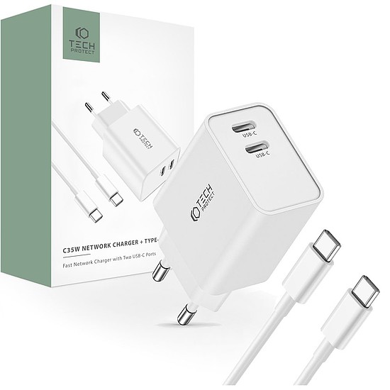 Tech-Protect C35W 2x USB-C PD 35W töltő USB-C / USB-C kábellel - fehér