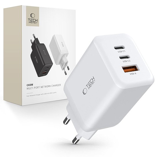 Tech-Protect C65W töltő 2x USB-C PD 65W / USB-A QC 3.0 - fehér