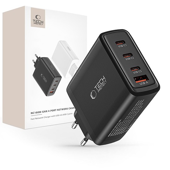 Tech-Protect NC100W-GAN töltőhálózat GaN 3x USB-C PD 100W / USB-A QC 3.0 - fekete