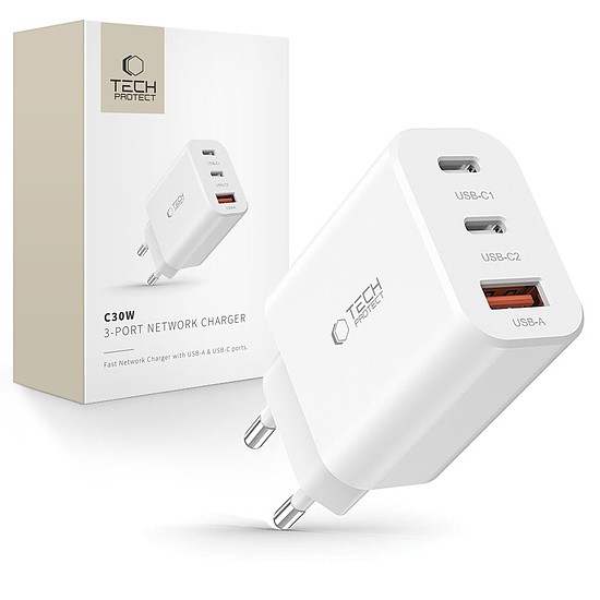 Tech-Protect NC30W töltő 2x USB-C PD 30W / USB-A QC 3.0 - fehér