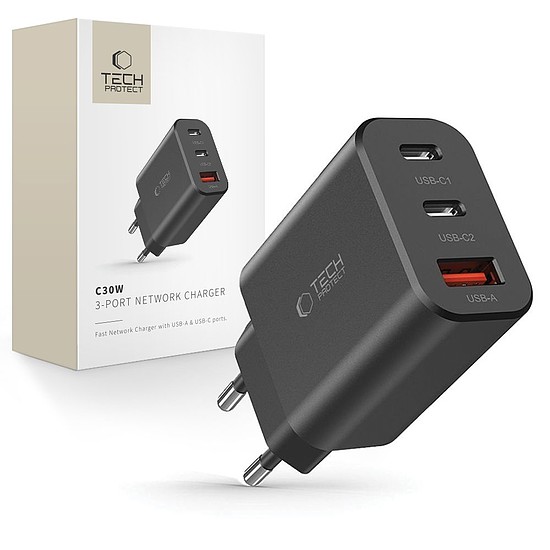 Tech-Protect NC30W töltő 2x USB-C PD 30W / USB-A QC 3.0 - fekete