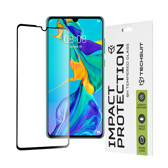 Techsuit - 111D teljes burkolat / teljes ragasztós üveg - Huawei P30 - fekete (KF235592)