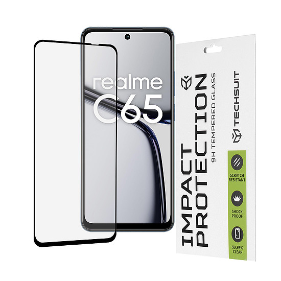 Techsuit - 111D teljes fedésű / teljes ragasztós üveg - Realme C65 - fekete (KF2330429)