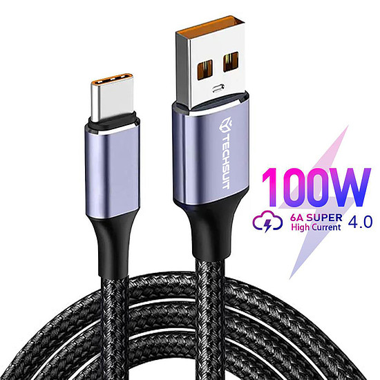 Techsuit - adatkábel (UCB320-Z) - USB-C típusú, szupergyors töltés, 100 W, 480 Mbps, 6A, nejlon, alumíniumötvözet, 1 m - fekete