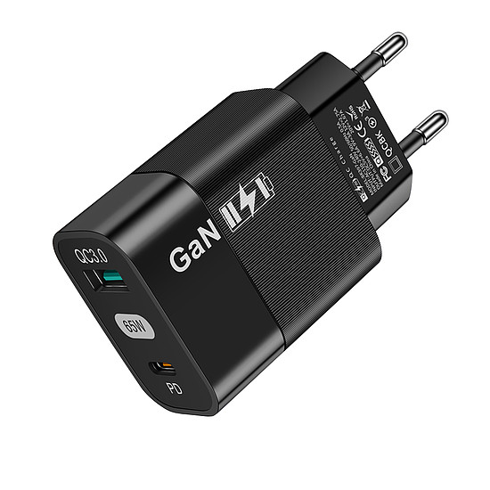 Techsuit - Fali töltő (CHPD131) - GaN, USB, Type-C, Gyorstöltés, 65 W - Fekete