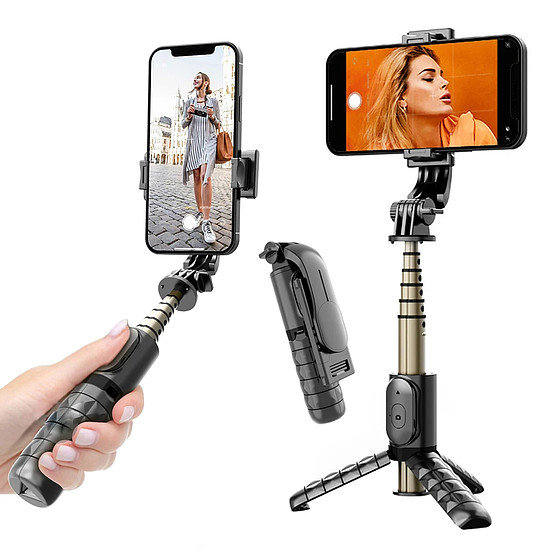 Techsuit - Mini Selfie Stick (Q10) - Stabil gimbal/állvány Bluetooth távirányítóval, töltőfénnyel, 360-ban elforgatható, 68 cm - Fekete