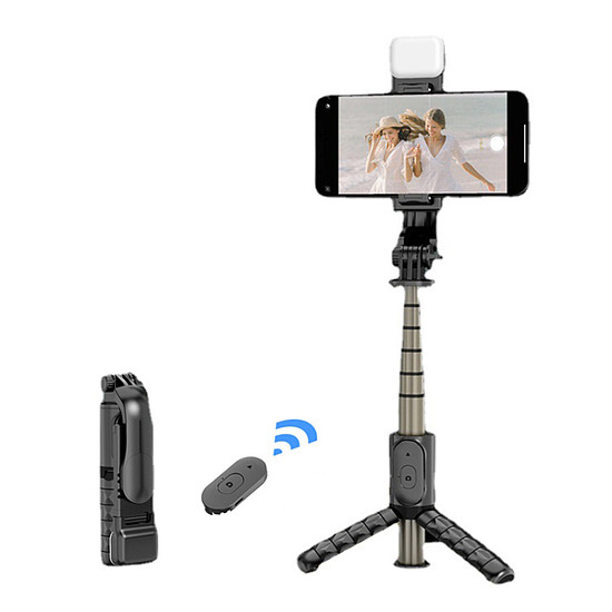 Techsuit - Mini Selfie Stick (Q10s) - Stabil állvány Bluetooth távirányítóval, töltőfénnyel, 360-ban elforgatható, 70 cm - Fekete