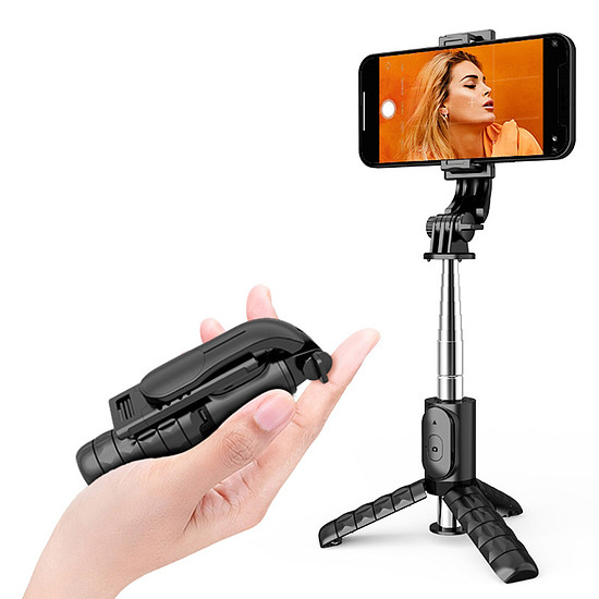 Techsuit - Mini Selfie Stick (Q11) - Stabil állvány Bluetooth távirányítóval, 360 fokban elforgatható, rozsdamentes acél, 74 cm - Fekete