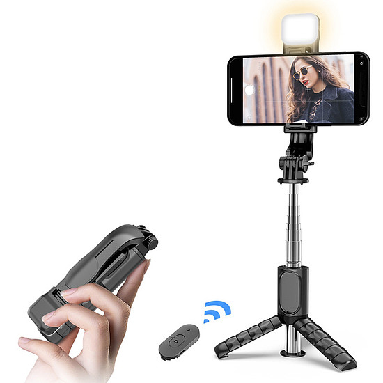 Techsuit - Mini Selfie Stick (Q11s) - Stabil állvány Bluetooth távirányítóval és töltőfénnyel, 360-ban elforgatható, 76 cm - Fekete