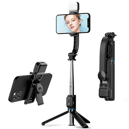 Techsuit - Selfie Stick (C01s) - összecsukható stabil állvánnyal, Bluetooth távirányítóval, töltőfénnyel, 107 cm - fekete