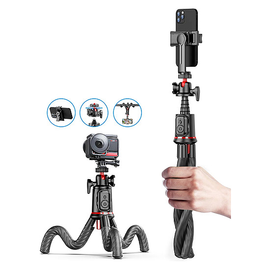 Techsuit - Selfie Stick (C03) - rugalmas teleszkópos rúdállvánnyal, távirányítóval, 360 golyós fejjel, 64 cm - fekete