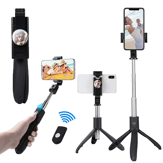 Techsuit - Selfie Stick (K06) - Stabil állvány Bluetooth távirányítóval, Összecsukható, 360-ban elforgatható, 70 cm - Fekete