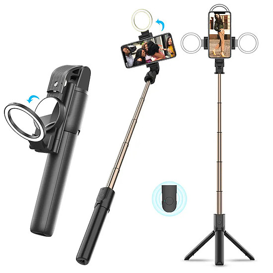 Techsuit - Selfie Stick (K13) - Kompakt állványtartó Bluetooth távirányítóval, LED Beauty Light, Összecsukható, 84 cm - Fekete