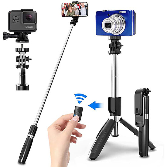 Techsuit - Selfie Stick (L02) - Stabil állvány Bluetooth távirányítóval, GoPro kompatibilis, 360-ban elforgatható, 100 cm - Fekete