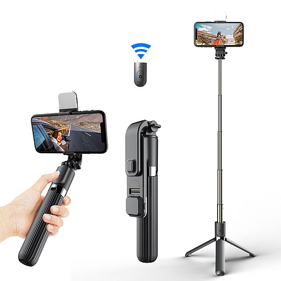 Techsuit - Selfie Stick (L03S) - Bluetooth távirányítóval és állványtartóval - fekete (KF237305)