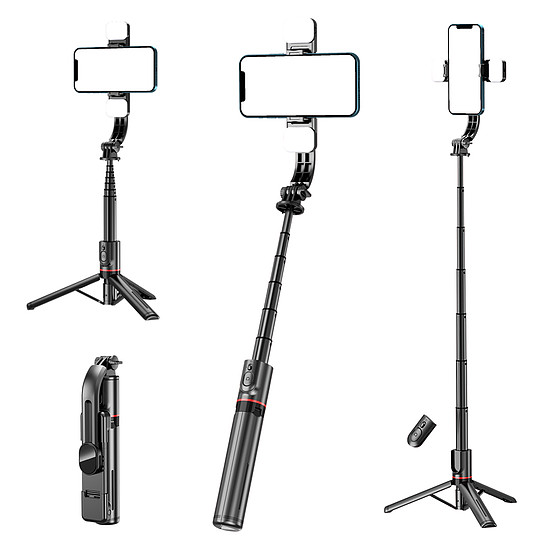 Techsuit - Selfie Stick (L12D) - Stabil állvány Bluetooth távirányítóval, 2x levehető LED lámpa, 108 cm - Fekete (KF2311044)