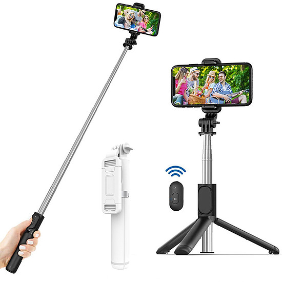 Techsuit - Selfie Stick (Q01) - Bluetooth távirányítóval és stabil állványtartóval, 100 cm - Fehér (KF237219)