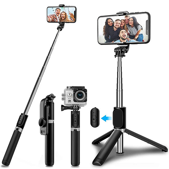 Techsuit - Selfie Stick (Q02) - Összecsukható állvány Bluetooth távirányítóval, 360 fokban elforgatható, rozsdamentes acél, 103 cm - Fekete