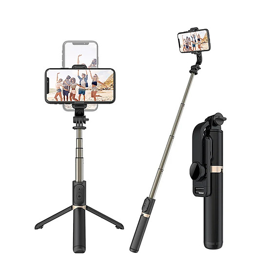 Techsuit - Selfie Stick (Q03) - Stabil állvány Bluetooth távirányítóval, alumíniumötvözet, 360-ban elforgatható, 74 cm - Fekete