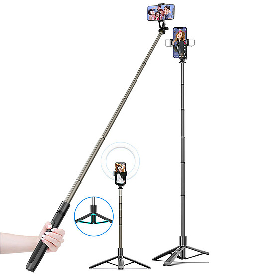 Techsuit - Selfie Stick (Q06) - Stabil állvány Bluetooth távirányítóval, alumíniumötvözet, 360-ban elforgatható, 156 cm - Fekete