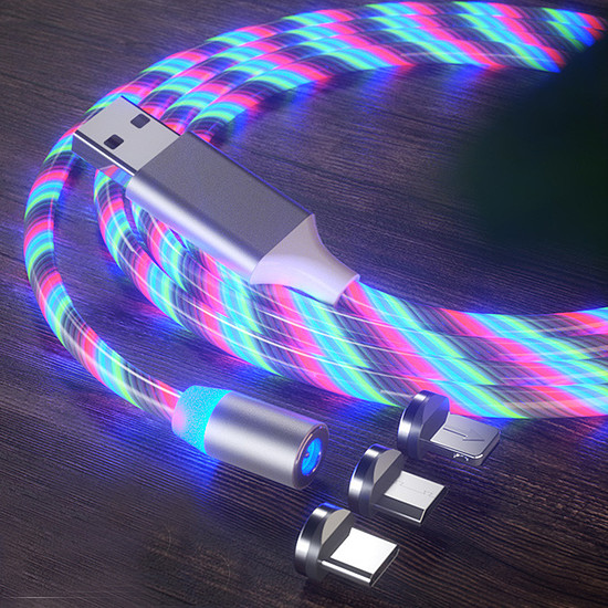 Techsuit - Töltőkábel 3 az 1-ben áramló mágneses LED - USB a Type-C-hez, Micro USB, Lightning, 1 m - Fehér (KF232283)