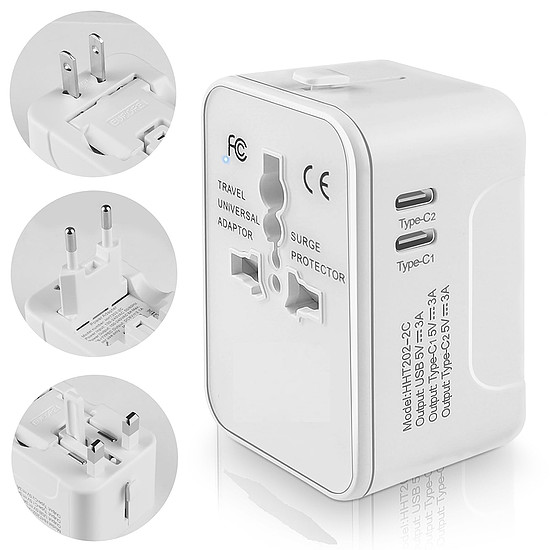 Techsuit - utazási adapter (HHT202-2C) - 2 x USB-C, EU, UK, AUS, US - fehér