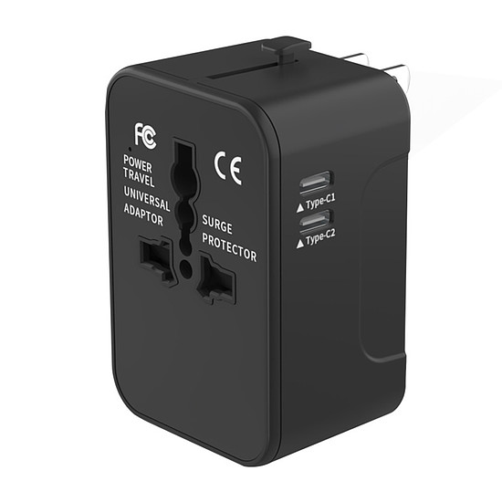 Techsuit - utazási adapter (HHT202-2C) - 2 x USB-C, EU, UK, AUS, US - fekete