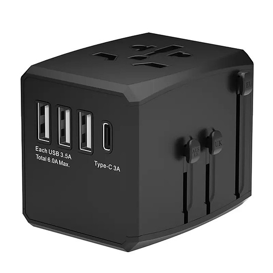 Techsuit - utazási adapter (HHT904) - PD15W, 3 x USB, Type-C, EU, UK, AUS, US - fekete