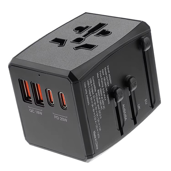 Techsuit - utazási adapter (HHT904) - PD20W, 2 x USB, 2 x Type-C, EU, UK, AUS, US - fekete