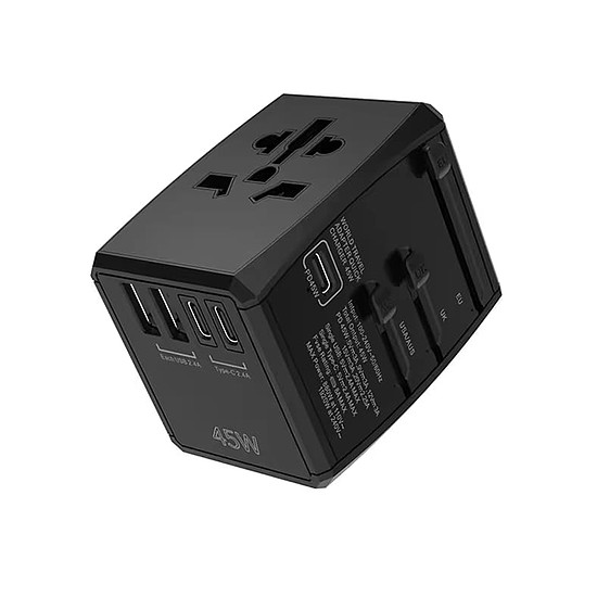 Techsuit - utazási adapter (HHT905) - PD45W, 2 x USB, 3 x Type-C, EU, UK, AUS, US - fekete