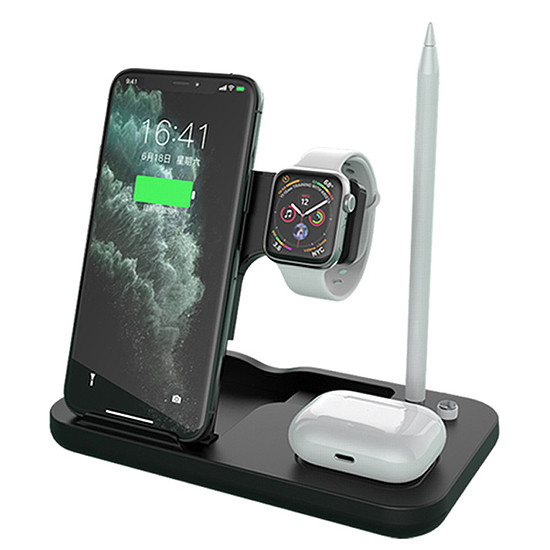 Techsuit - Vezeték nélküli töltőállomás 4 az 1-ben (D22) - iPhone-hoz, Apple Watch-hoz. AirPods, Apple Pencil 15 W kábellel - fekete (KF2313367)