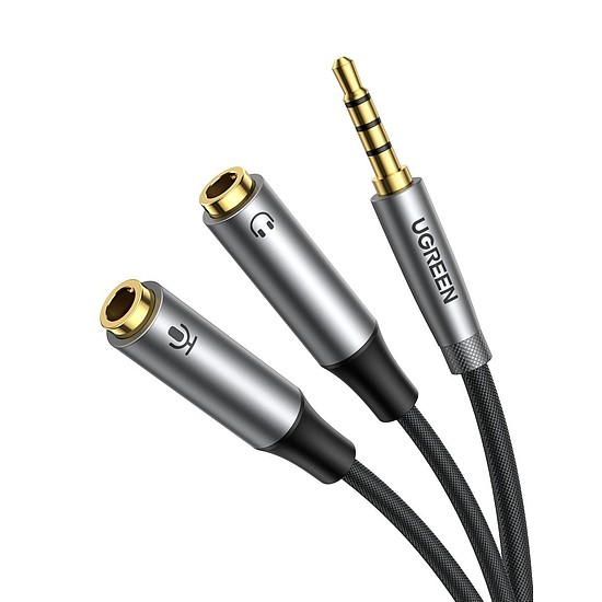 UGREEN AV192 AUX audio elosztó 3,5 mm-es mini jack kábel, dugós a fejhallgatóhoz + mikrofon, anya, 20 cm, szürke (50254)