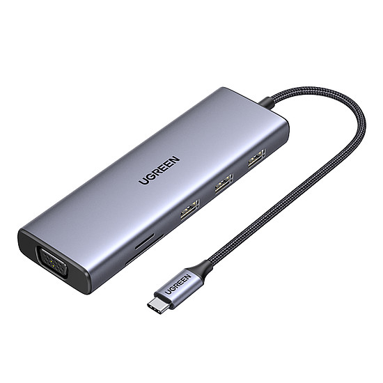 Ugreen CM498 15600 USB-C adapter - 3x USB-A 3.0 / HDMI / VGA / RJ45 / SD / TF kártyaolvasó / USB-C PD - szürke