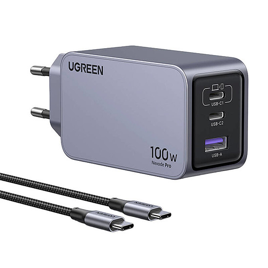 Ugreen Nexode Pro 100 W fali töltő, GaN, USB + 2x USB-C szürke (25874)