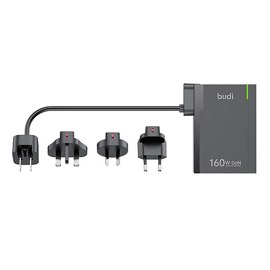 Univerzális fali töltő Budi 350, GaN PD+ QC3.0, 5xUSB-C+1xUSB-A, 160 W US/UK/EU fekete