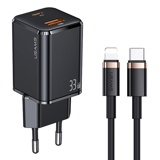 USAMS - Fali töltőkészlet (USKTZ01) - USB-C, GaN 33W, USB-A QC3.0 (T43) + C típusú kábel a Lightninghez 1,2 m, PD 20 W (U63) - fekete (KF2310374)