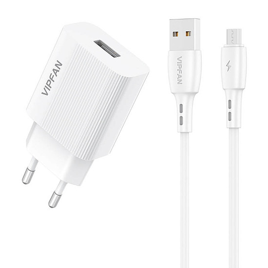 Vipfan E01 hálózati töltő, 1x USB, 2,4A + Micro USB kábel, fehér (E01S-MK)