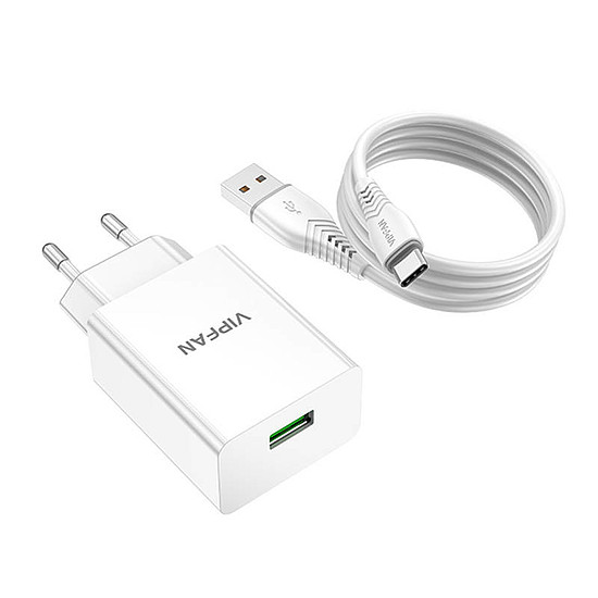 Vipfan E03 fali töltő, 1x USB, 18W, QC 3.0 + USB-C kábel, fehér (E03S-TC)