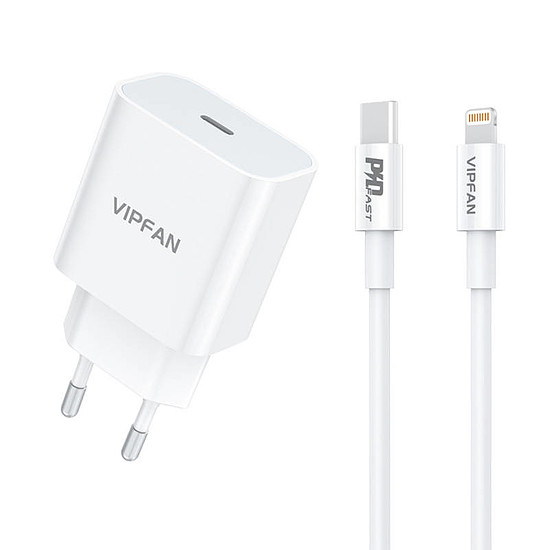 Vipfan E04 fali töltő, USB-C, 20W, QC 3.0 + Lightning kábel, fehér (E04 CL)