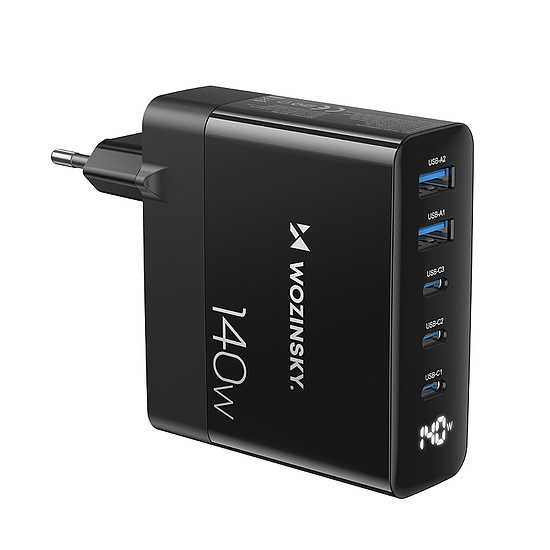 Wozinsky CGWCB 140W GaN fali töltő 3 x USB-C / 2 x USB-A - fekete