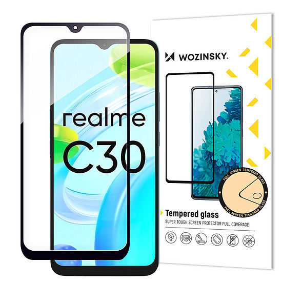 Wozinsky Full Glue edzett üveg edzett üveg Realme C30 / Realme Narzo 50i Prime 9H teljes képernyővédő fólia fekete kerettel