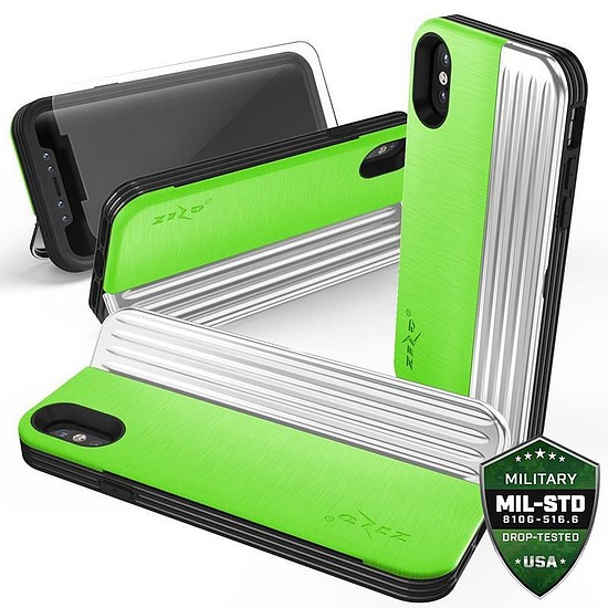 Zizo Retro sorozat - pénztárca hátlapja mágneses zárással és beépített állvánnyal iPhone Xs/X készülékhez neonzöld/ezüst (RET-IPH8-NGRSL)