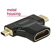 Delock Adapter Gyors-sebességű HDMI Ethernettel - HDMI A anya > HDMI mini-C apa + micro-D apa fekete (65666)