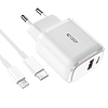 Tech-Protect C20W USB-C PD 20W / USB-A QC 3.0 töltő USB-C-vel / Lightning kábel - fehér